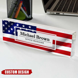 Personalized USA Flag Desk Name Plate, Patriotic Clear Acrylic Desk Plaque