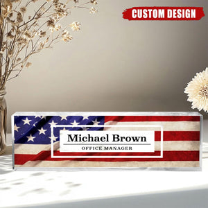 Personalized USA Flag Desk Name Plate, Patriotic Clear Acrylic Desk Plaque