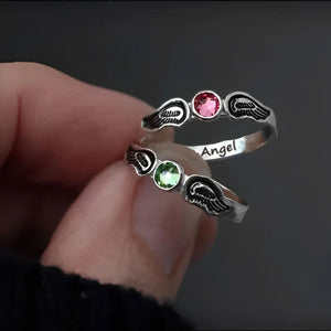 For Memorial - Personalized Name & Birthstone Angel Wing Ring