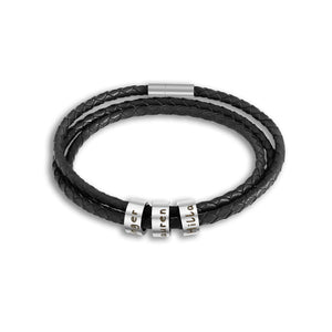 Personalized Men Braided Leather Bracelet with Small Custom Beads