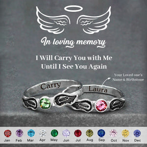 For Memorial - Personalized Name & Birthstone Angel Wing Ring