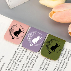 Personalized Cat Moon Birth Flower Magnetic Leather Bookmark Clip With Name