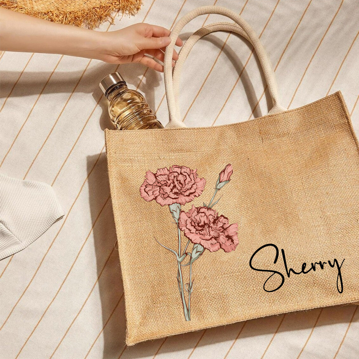 Personalized Birth Flower Beach Jute Tote Bag