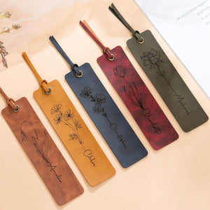 Personalized Birth Flower Custom Name Leather Bookmark Gifts for Readers