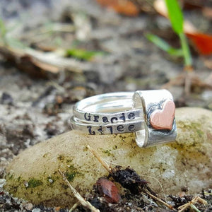 Personalized Mothers Rustic Stacking Rings with Heart