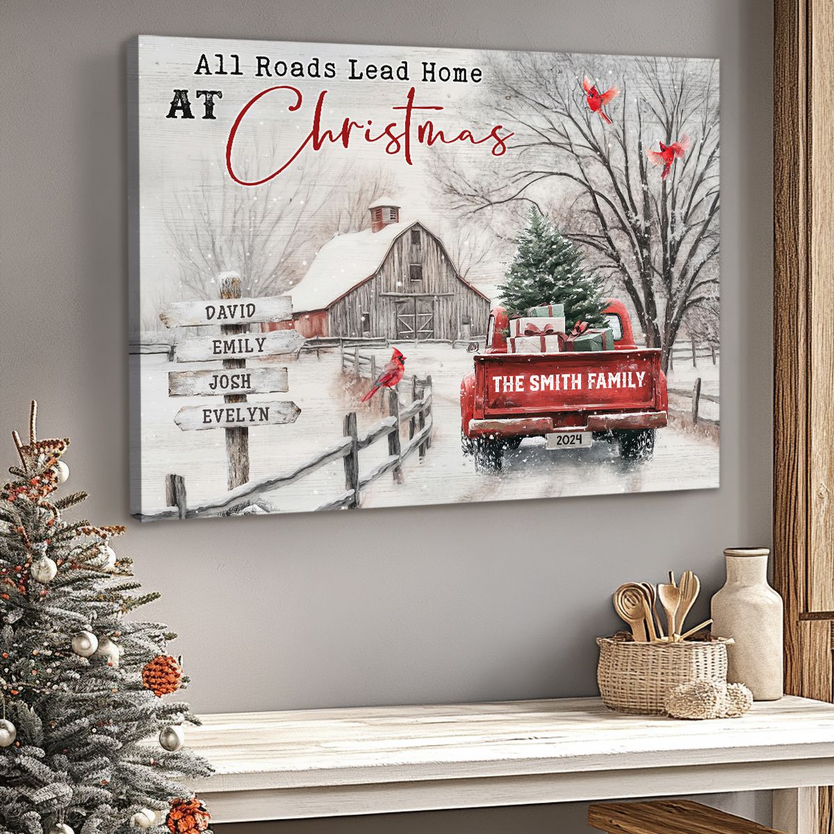 Personalized Family Gift Christmas Poster - All Roads Lead Home at Christmas