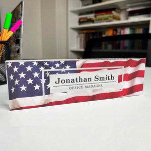 Personalized USA Flag Desk Name Plate, Patriotic Clear Acrylic Desk Plaque