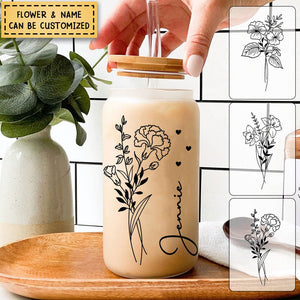 Flower Of The Month Personalized Glass Bottle Frosted Bottle Gift For Family, Friend Gift