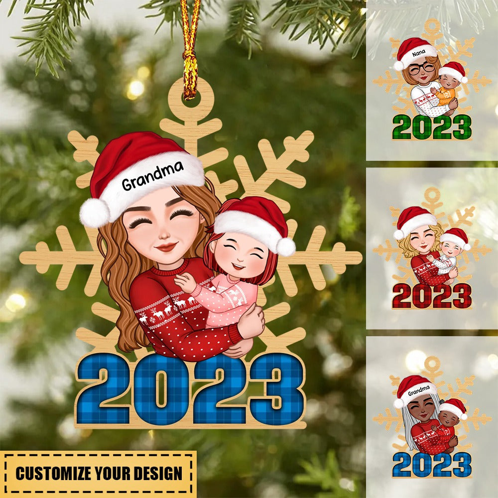 Doll Grandma Hugging Grandkid Snowflake Checkered 2023 Personalized Acrylic Ornament