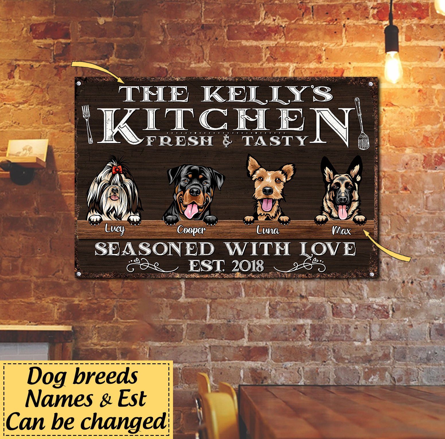 Personalized Kitchen Fresh & Tasty Seasoned With Love Up To 4 Dog Printed Metal Sign