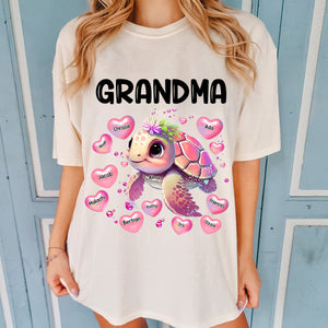 Personalized Turtle Grandma Pure Cotton T-shirt Hearts & Kid Names